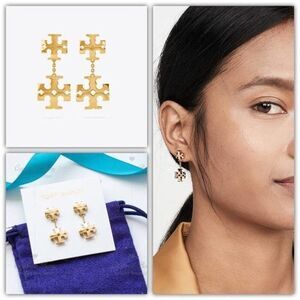 NWOT Tory Burch Gold Double Logo Dangle Earrings